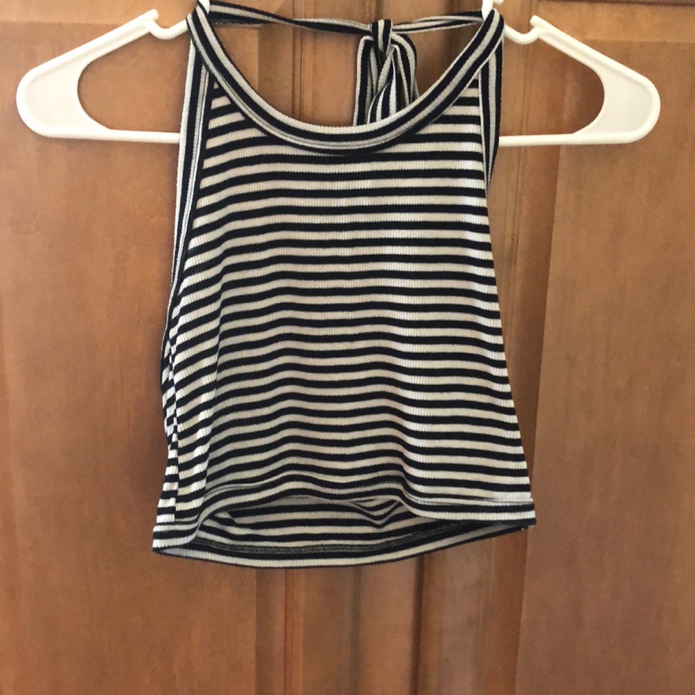 Blue and white striped halter crop top